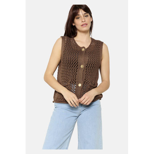 Romy Monteiro x LOLALIZA x Wehkamp gilet donkerbruin crochet afbeelding