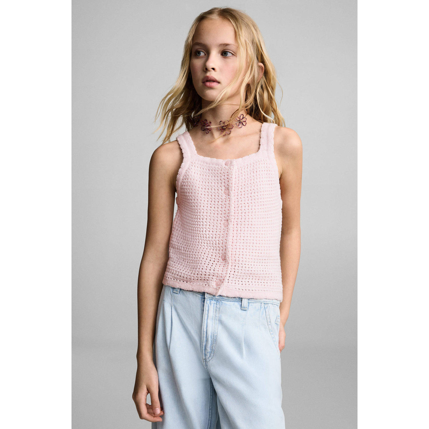 Mango Kids mouwloze top lichtroze gebreid