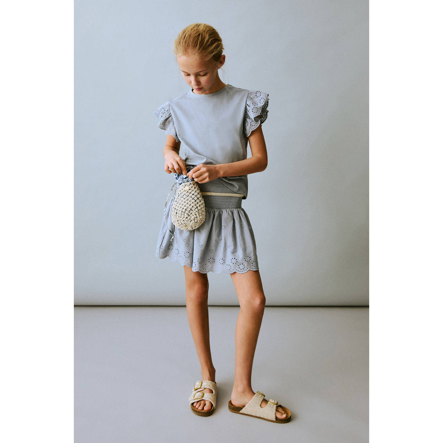 Mango Kids A-lijn rok broderie lichtblauw