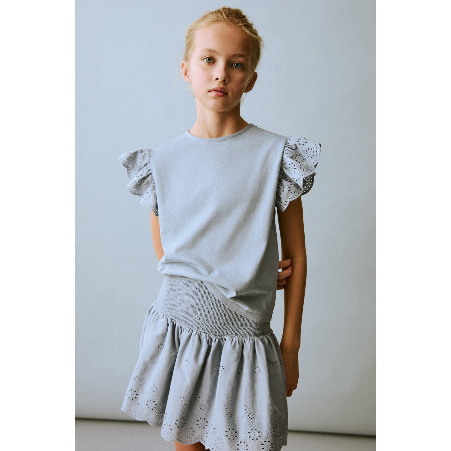 Mango Kids A-lijn rok broderie lichtblauw