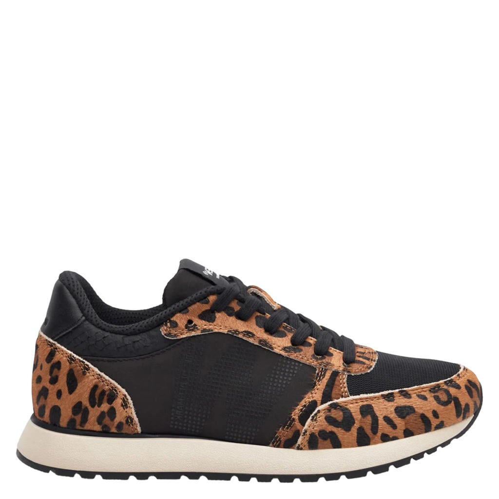 Zwarte dames Woden Ronja Cowhair leren sneakers panter met veters