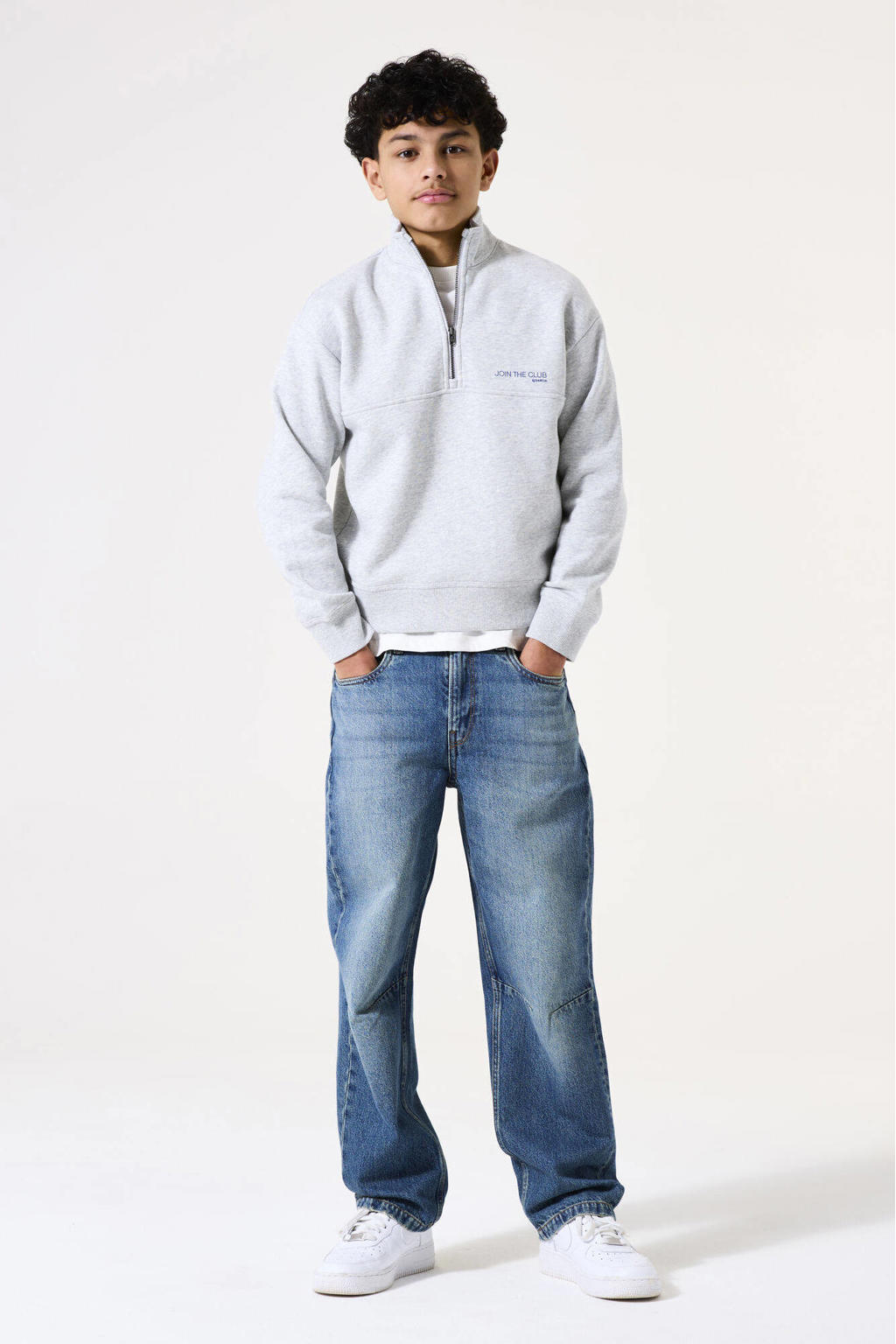 Grijs melange jongens Garcia sweater melange van katoen met printopdruk, lange mouwen, opstaande kraag, halve rits en geribde boorden