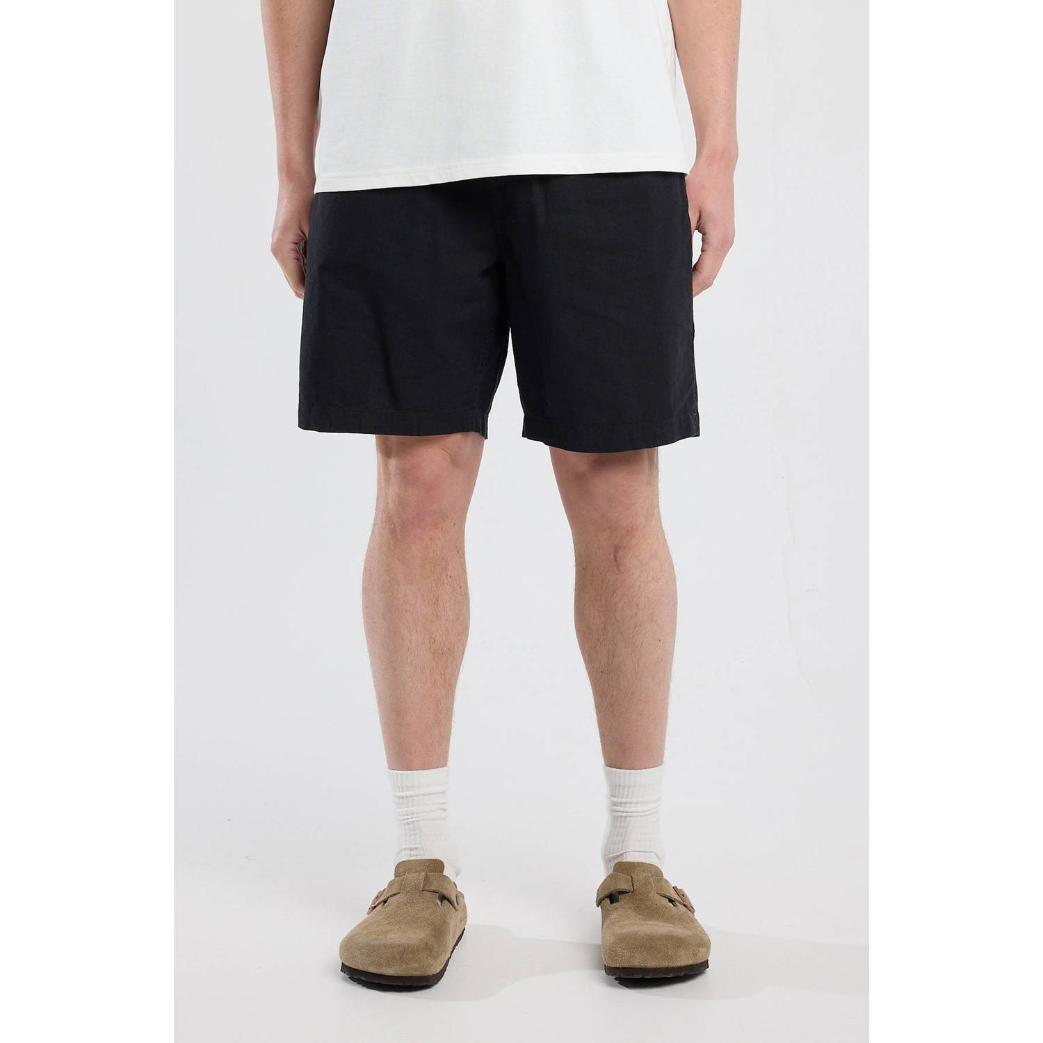 America Today linnen regular casual short zwart