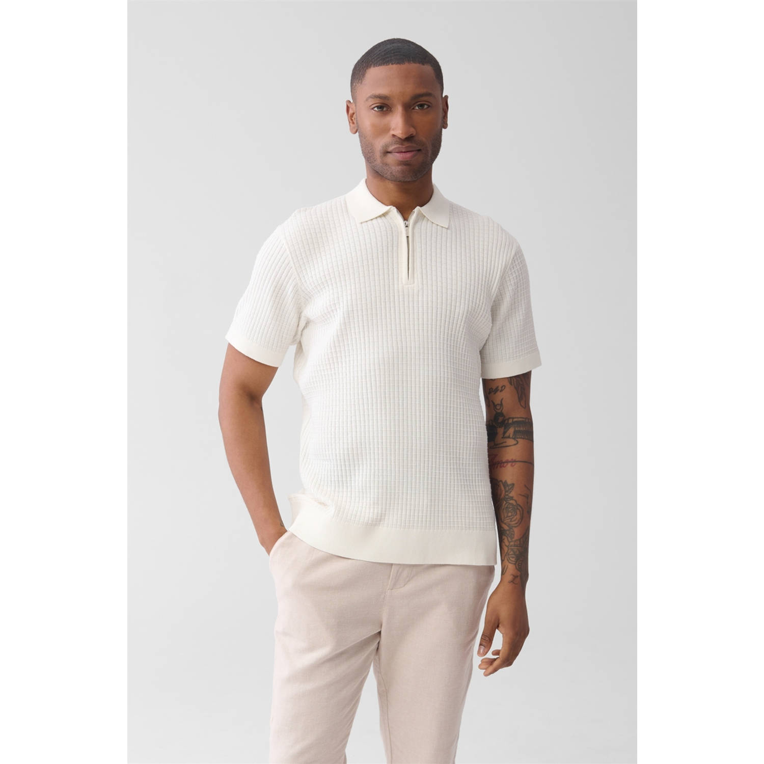 Shoeby regular polo met ingebreid patroon ecru