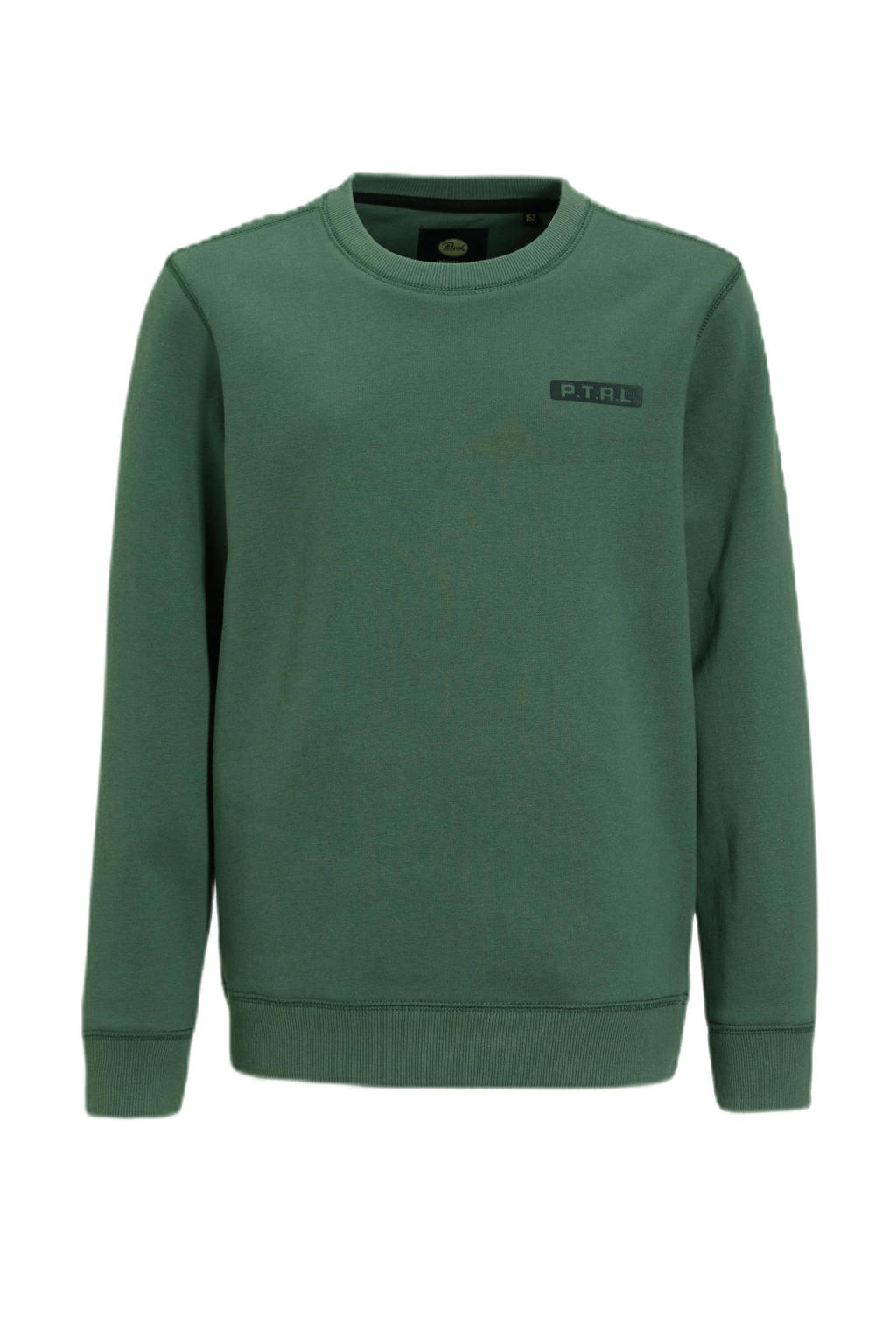 Donkergroene jongens Petrol Industries sweater van katoen met logo dessin, lange mouwen, ronde hals en geribde boorden