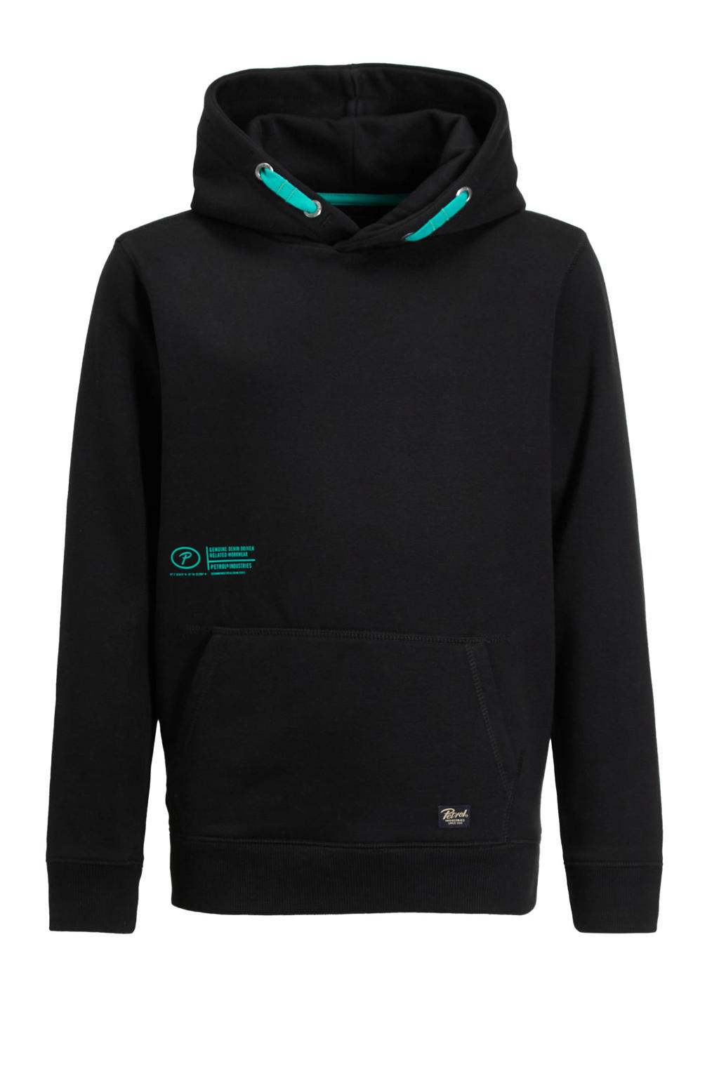 Zwarte jongens Petrol Industries hoodie van sweat materiaal met effen, lange mouwen en capuchon