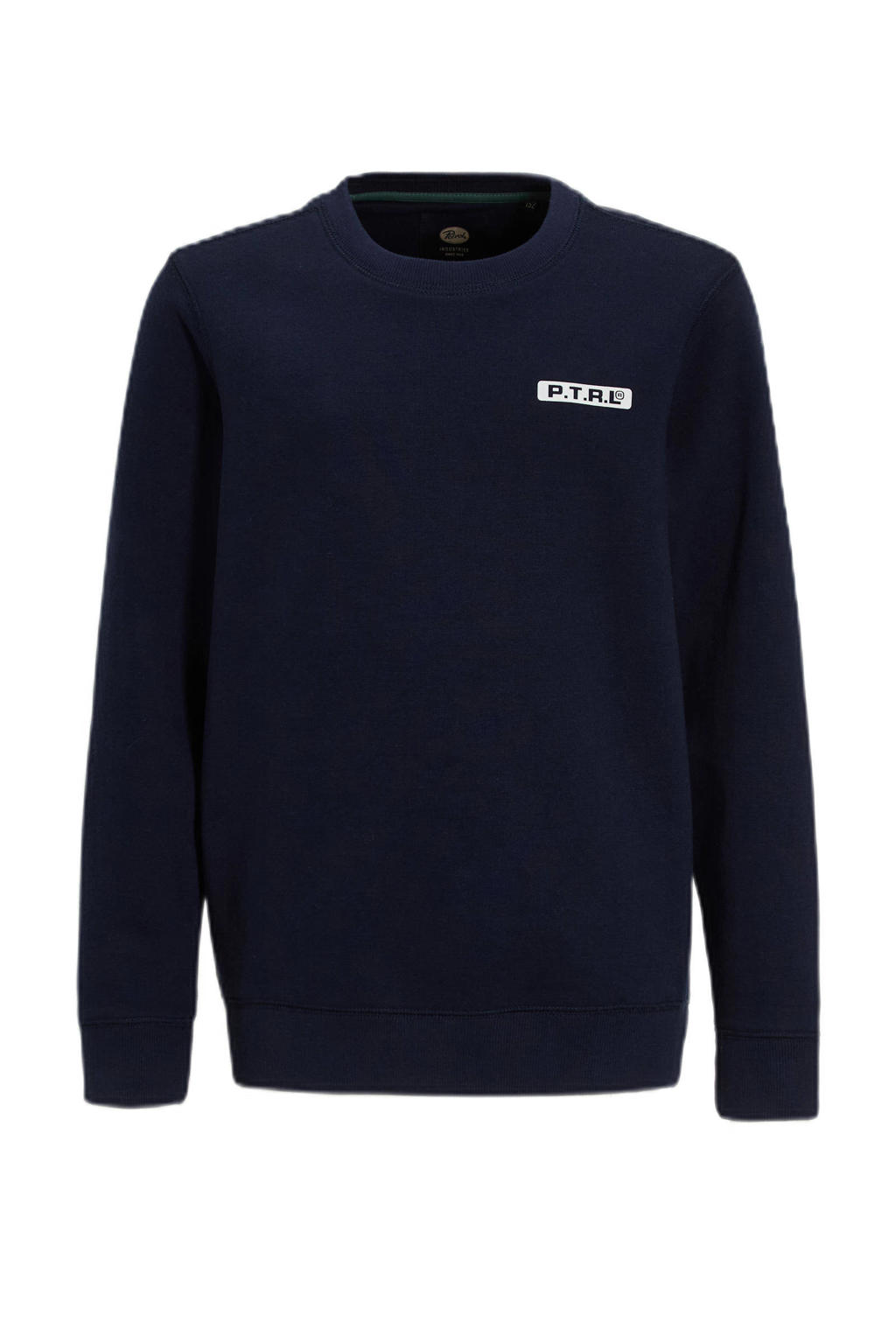 Marineblauw jongens Petrol Industries sweater blauw van katoen met logo dessin, lange mouwen, ronde hals en geribde boorden