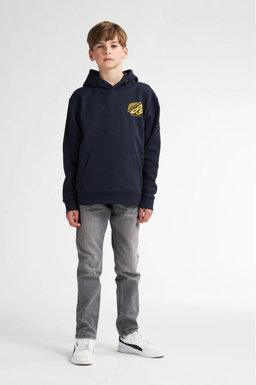 Marineblauw, marine en gele jongens Petrol Industries hoodie blauw van katoen met backprint, lange mouwen en capuchon