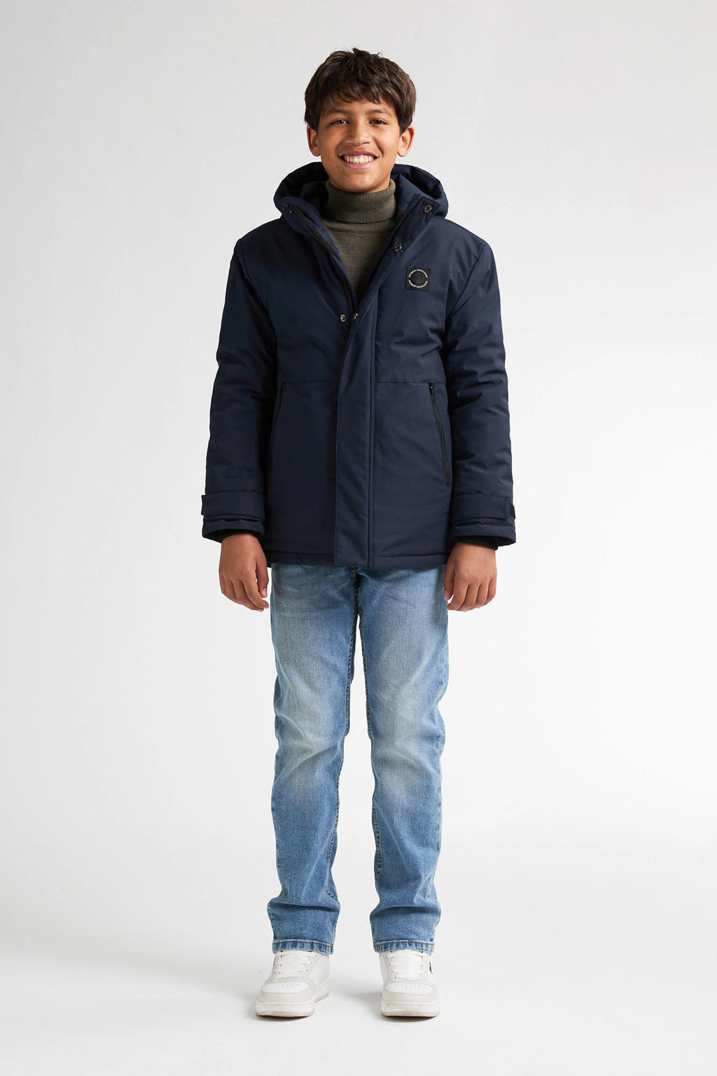 Marineblauw jongens Petrol Industries parka blauw van polyester met effen, lange mouwen, capuchon en rits- en drukknoopsluiting