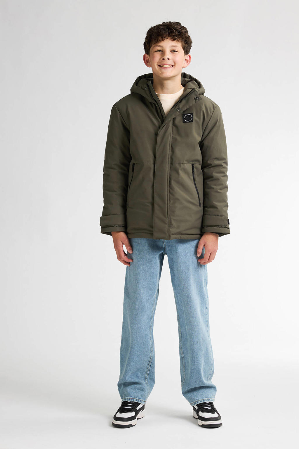 Donkergroene jongens Petrol Industries parka van polyester met effen, lange mouwen, capuchon en rits- en drukknoopsluiting