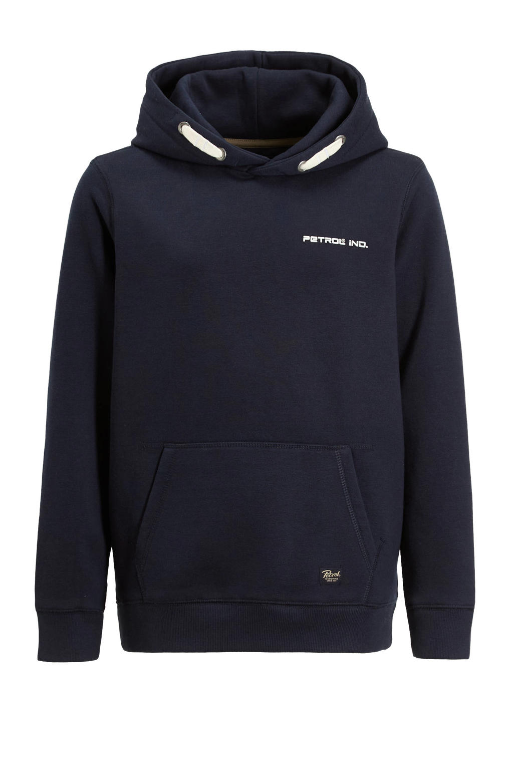 Donkerblauwe jongens Petrol Industries hoodie van sweat materiaal met effen, lange mouwen en capuchon