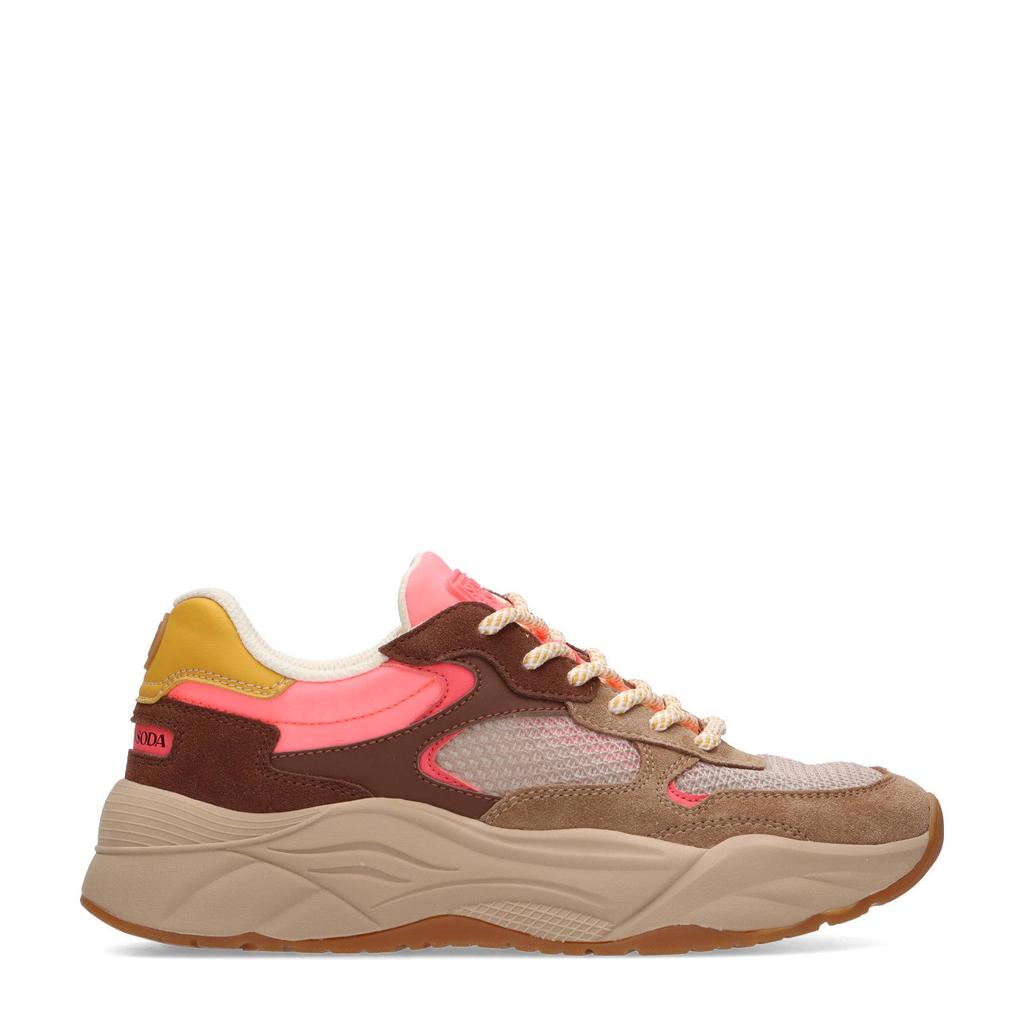 Bruin en roze dames Scotch & Soda Celest chunky suède sneakers met veters