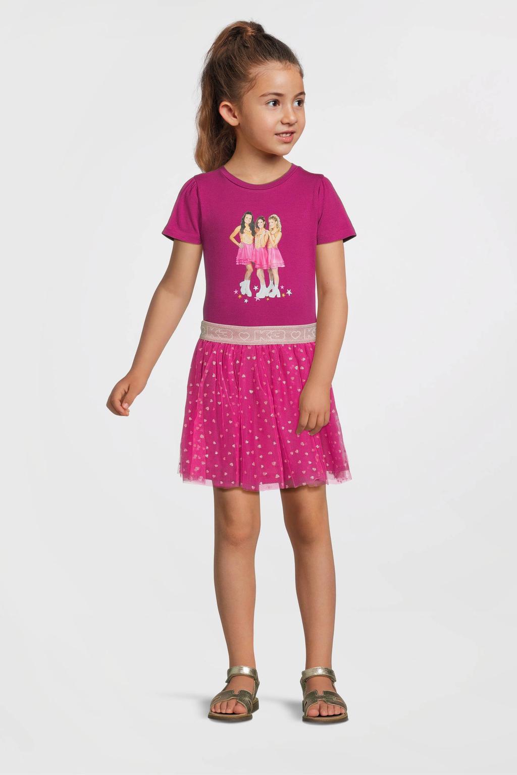 Fuchsia meisjes B.Nosy x K3 K3 midi jurk van stretchkatoen met korte mouwen en ronde hals