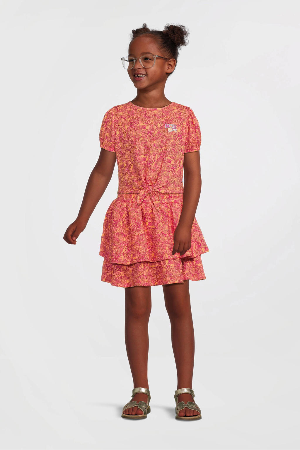 Oranje en fuchsia meisjes B.Nosy x K3 K3 T-shirt van polyester met korte mouwen, ronde hals en knoopdetail