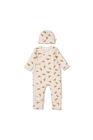 geschenkset boxpak + muts met all over print offwhite/bruin