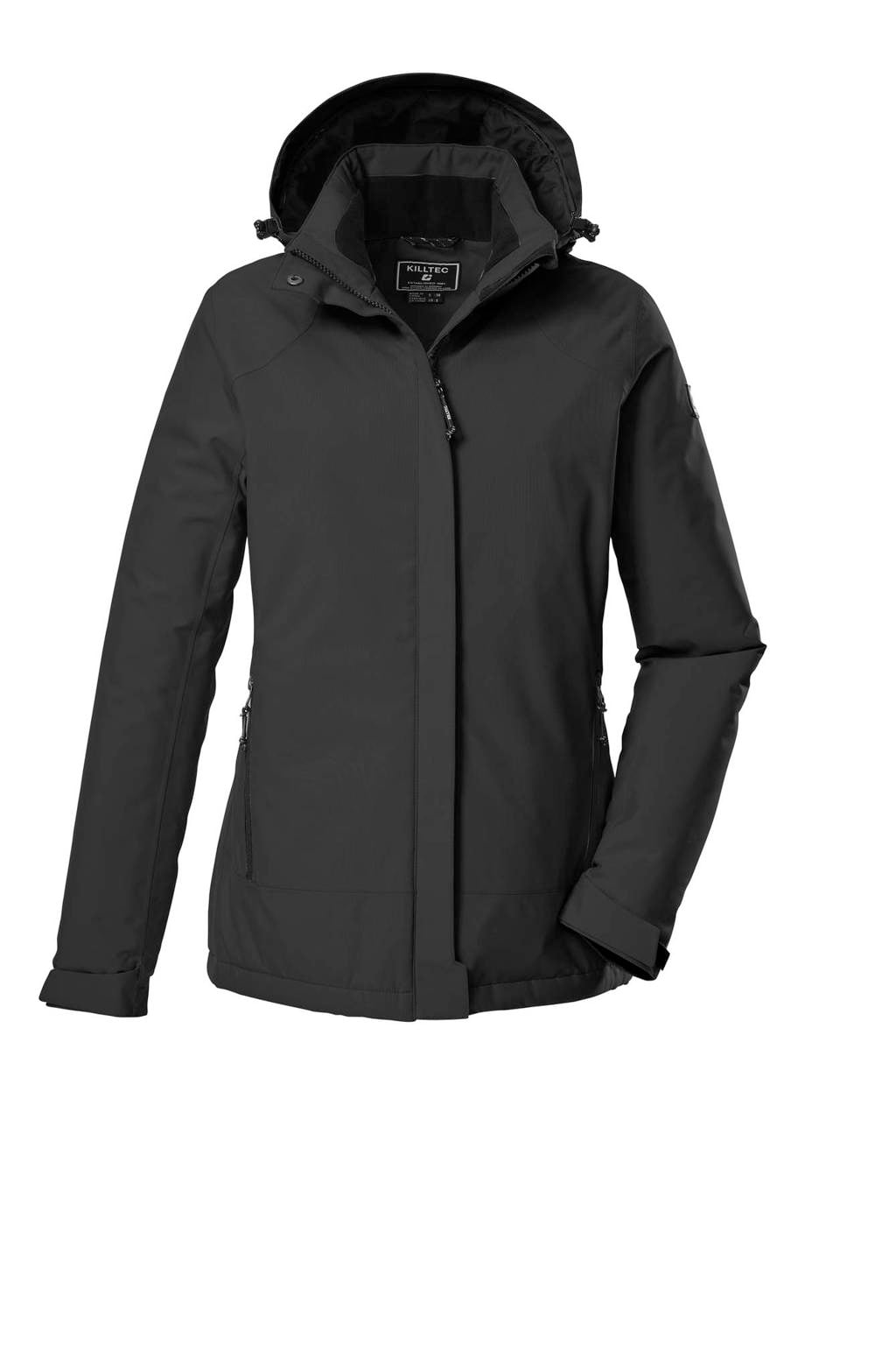 Zwarte dames Killtec jas van polyester met effen, lange mouwen, capuchon en rits met windvanger