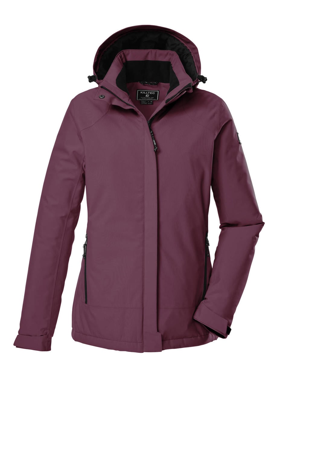 Donkerpaarse dames Killtec jas van polyester met effen, lange mouwen, capuchon en rits met windvanger