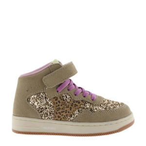 suede leren sneakers met glitter taupe