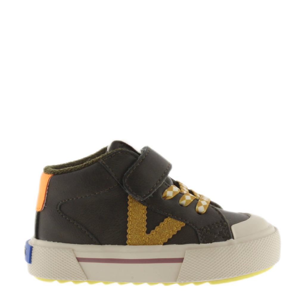 Bruine jongens Victoria leren sneakers met elastische veter- met klittenbandsluiting