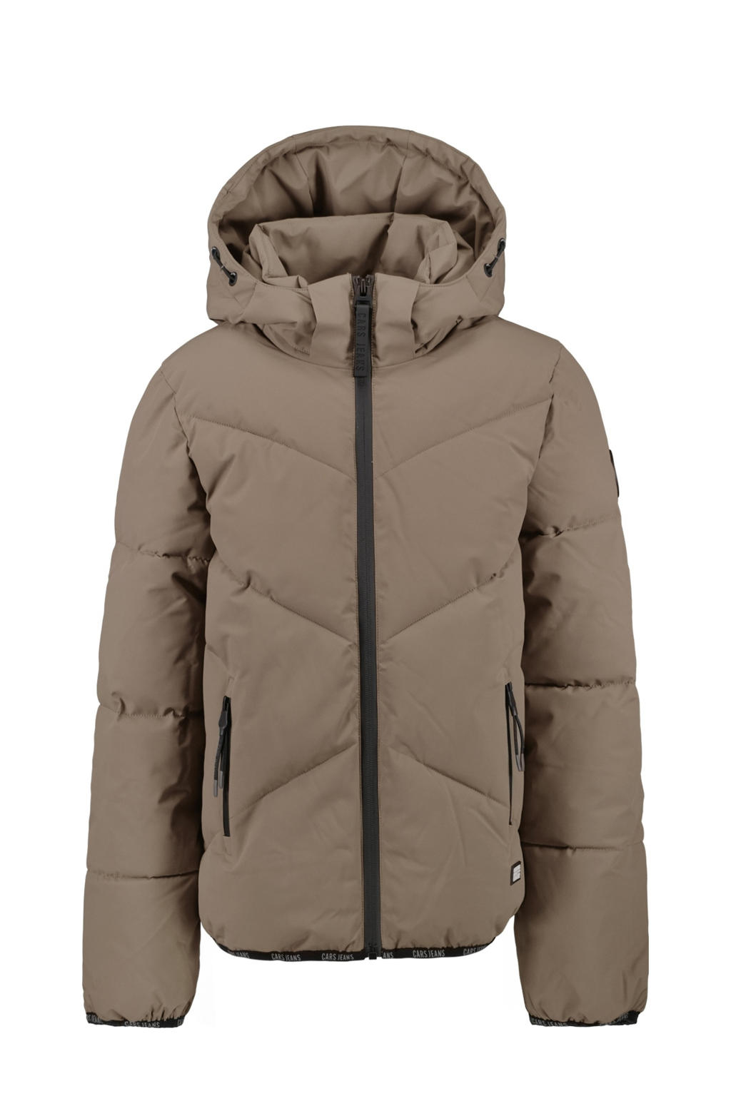 Taupe jongens Cars gewatteerde jas van polyester met effen, lange mouwen, capuchon, ritssluiting en doorgestikte details
