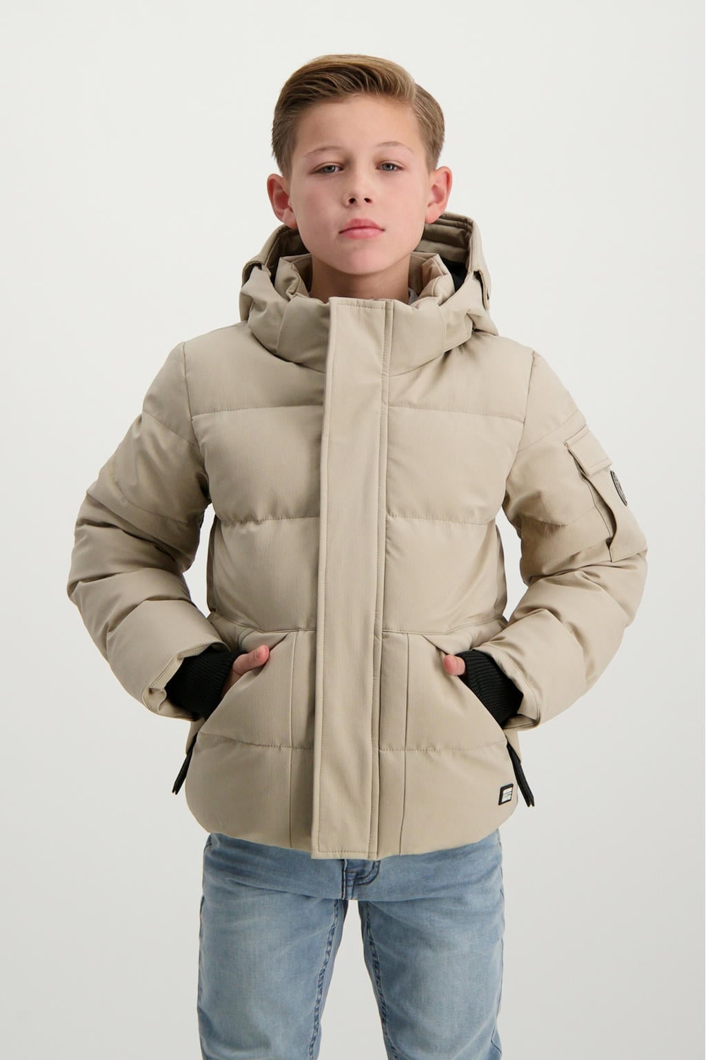 Beige jongens Cars gewatteerde jas van polyester met effen, lange mouwen, capuchon, ritssluiting en geribde boorden