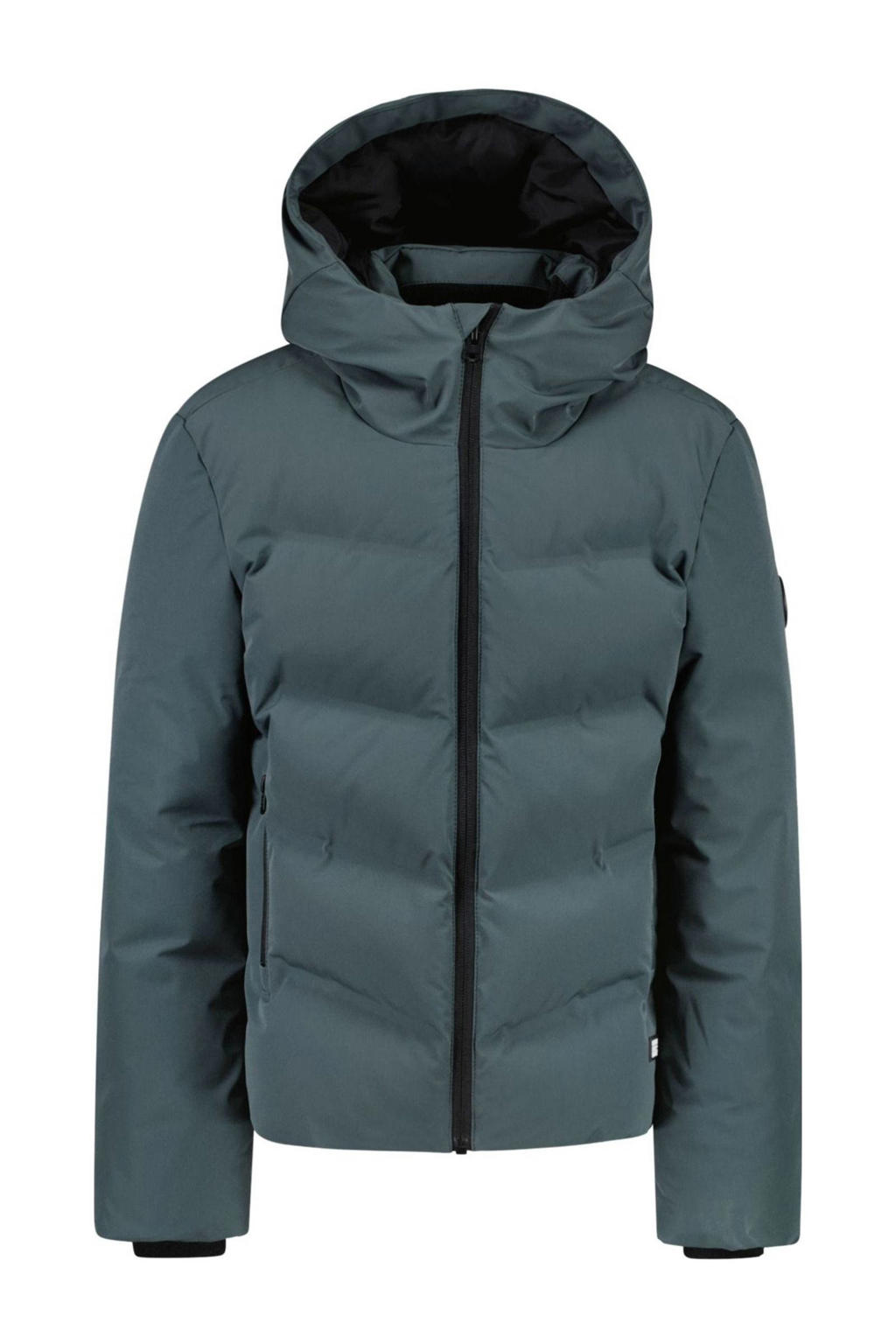 Grijsblauwe jongens Cars gewatteerde jas blauw van polyester met effen, lange mouwen, capuchon, ritssluiting en doorgestikte details