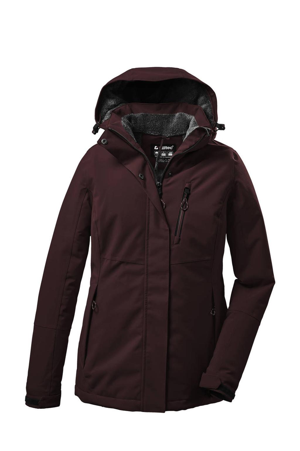 Donkerrode dames Killtec jas van polyester met lange mouwen, capuchon en ritssluiting