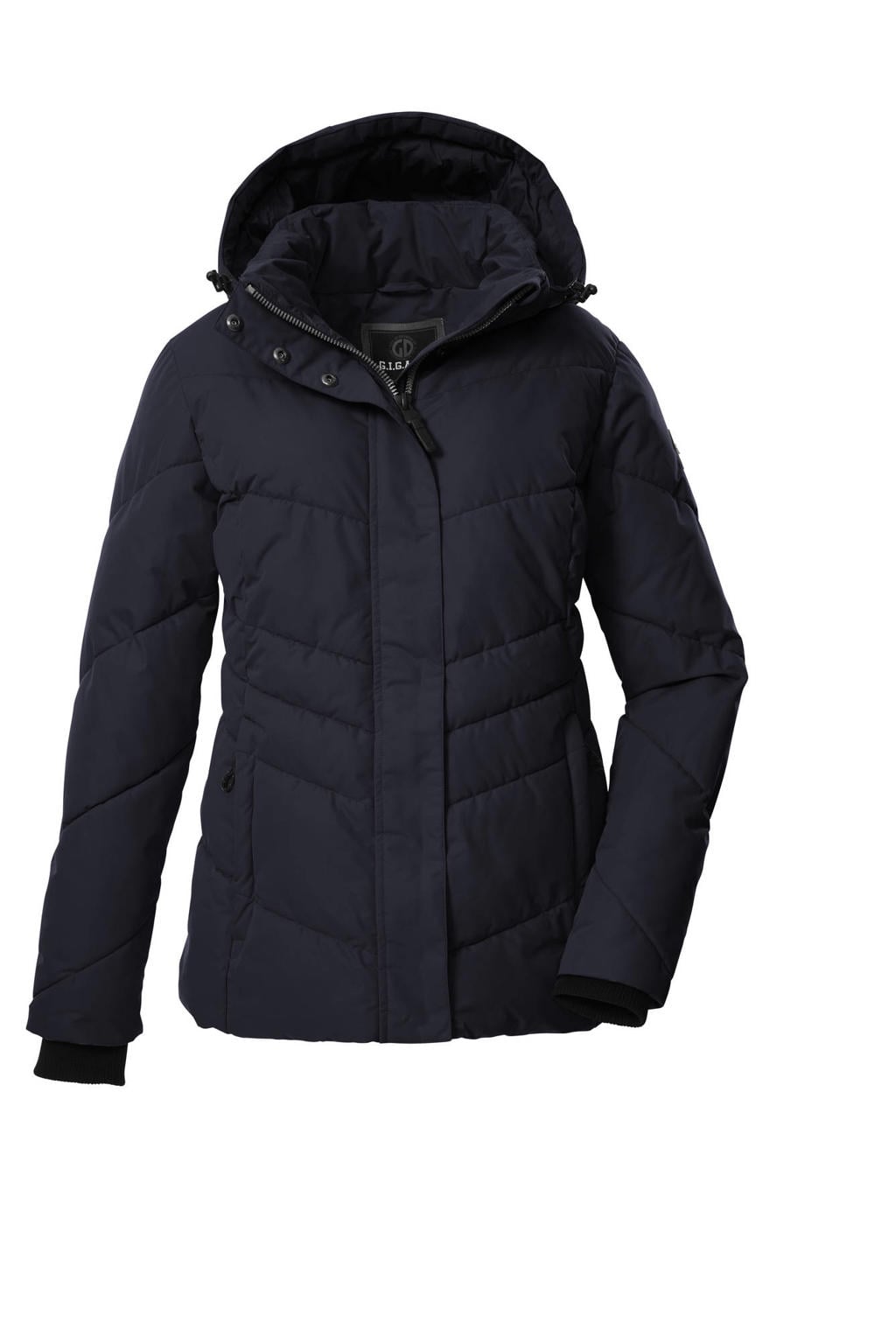 Donkerblauwe dames G.I.G.A. DX gewatteerde jas van polyester met lange mouwen, capuchon en ritssluiting