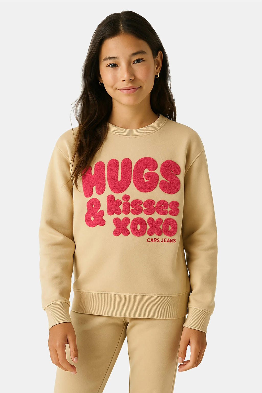 Zandkleurige meisjes Cars sweater met printopdruk, lange mouwen, ronde hals en geribde boorden