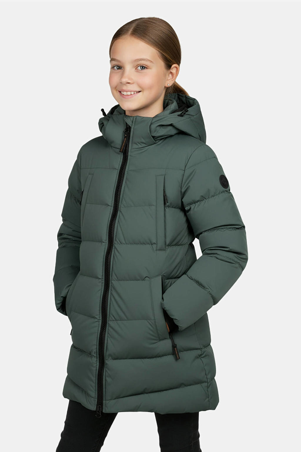 Donkergroene meisjes Cars gewatteerde jas van nylon met effen, lange mouwen, capuchon, ritssluiting en doorgestikte details