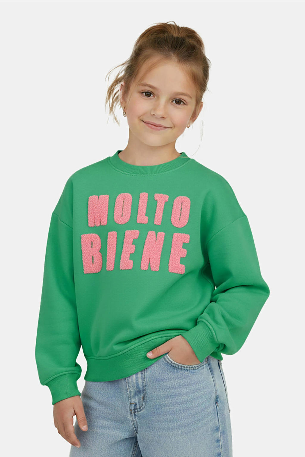 Groen en roze meisjes Cars sweater van katoen met tekst print, lange mouwen, ronde hals en geribde boorden