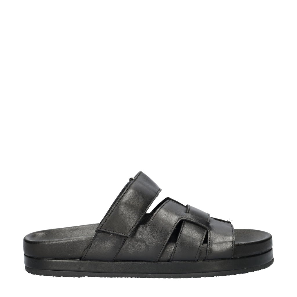Zwarte dames Nelson leren slippers met klittenband