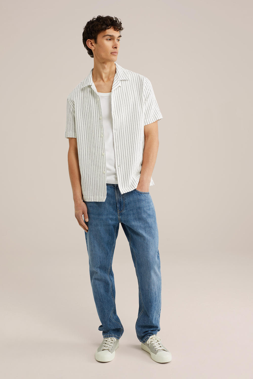Witte heren WE Fashion casual overhemd van katoen met strepenprint, korte mouwen, reverskraag, knoopsluiting en textuur