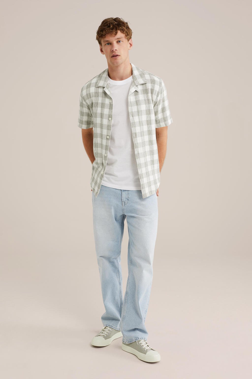 Groene heren WE Fashion casual overhemd van katoen met ruitenprint, korte mouwen, reverskraag, knoopsluiting en textuur