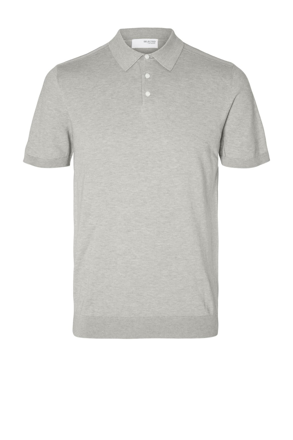 Grijze heren SELECTED HOMME regular polo fijn gebreid van katoen met effen, korte mouwen, klassieke kraag en knoopsluiting