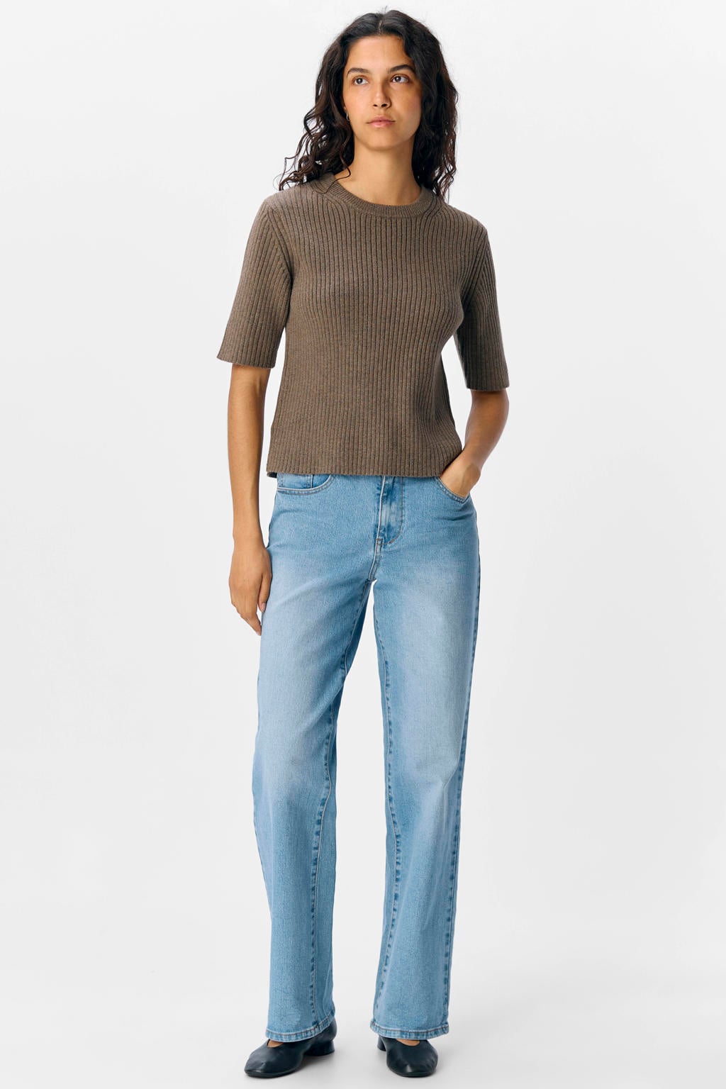 Bruine dames OBJECT trui rib gebreid van polyester met effen, lange mouwen en ronde hals