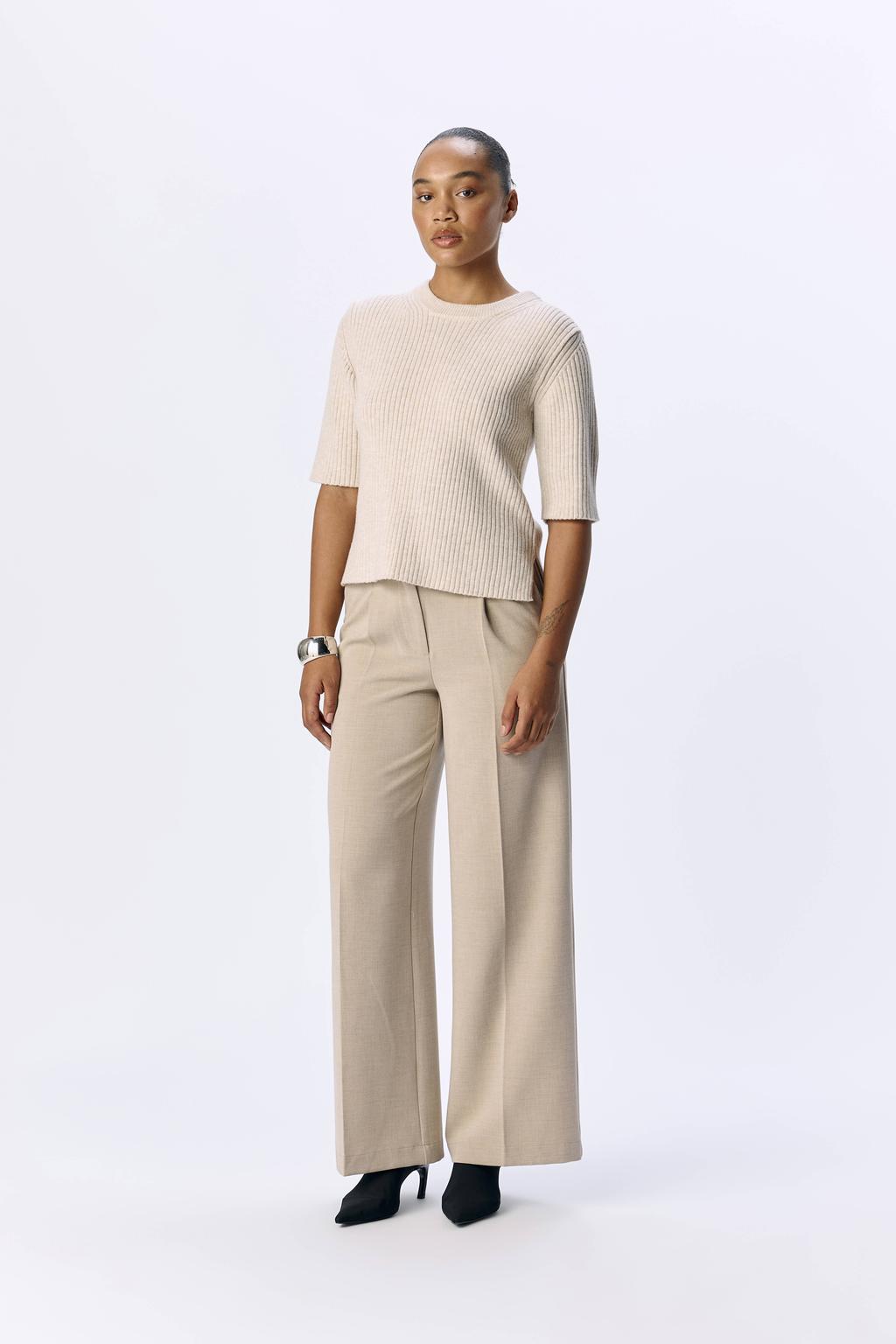 Ecru dames OBJECT trui rib gebreid van polyester met effen, lange mouwen en ronde hals