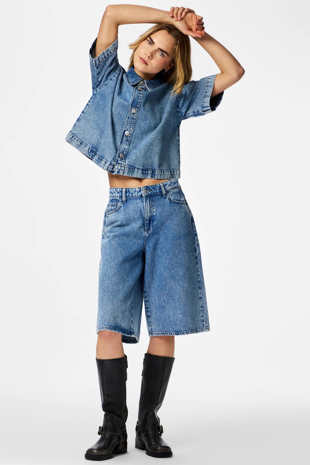 Blauwe dames PIECES high waist short van katoen met loose fit, rits- en knoopsluiting en effen