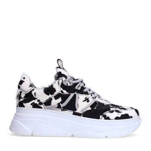 Sacha chunky leren sneakers met ponyhair en koeienprint zwart/wit afbeelding