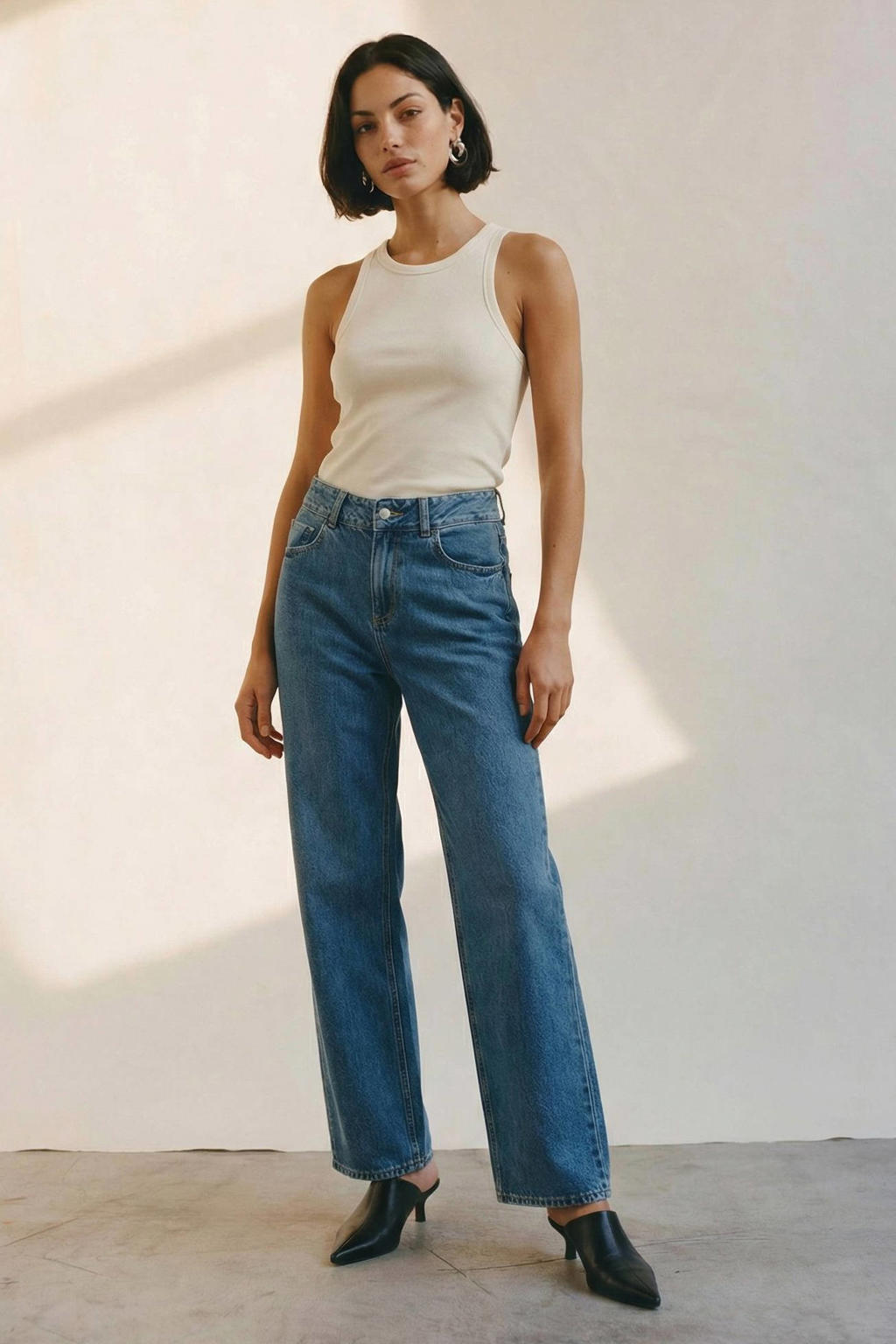 Blauwe dames AWARE wide leg jeans van denim met rits- en knoopsluiting en effen