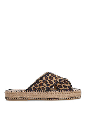 suède slippers met panterprint beige/zwart