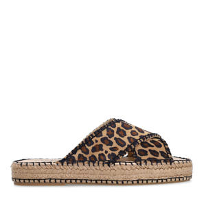 suède slippers met panterprint beige/zwart
