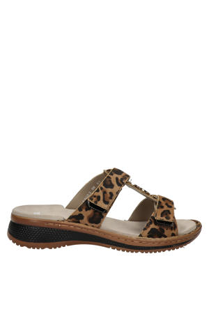 Hawaii  suède slippers met panterprint cognac/zwart