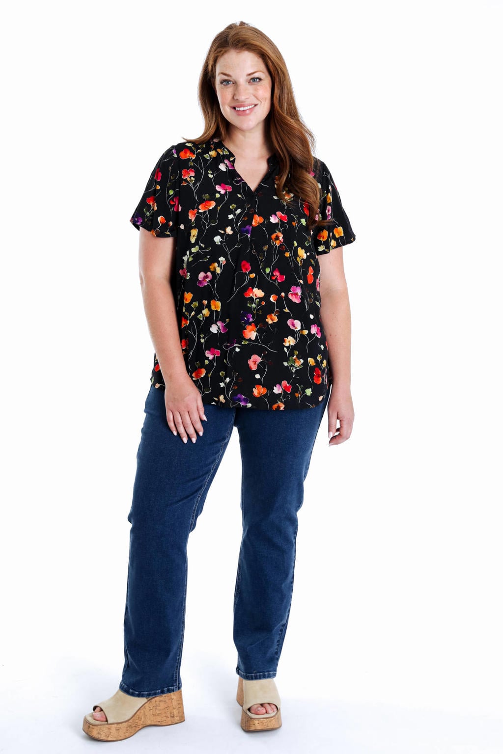 Zwarte dames Paprika top van viscose met bloemenprint, korte mouwen en V-hals