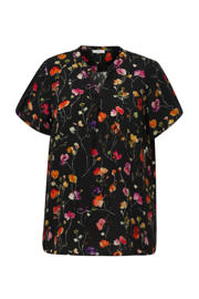 thumbnail: Zwarte dames Paprika top van viscose met bloemenprint, korte mouwen en V-hals