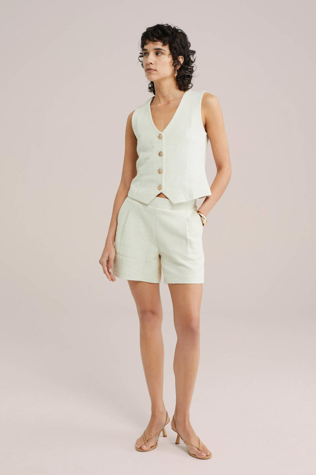 Beige dames WE Fashion gilet van katoen met effen, V-hals en knoopsluiting