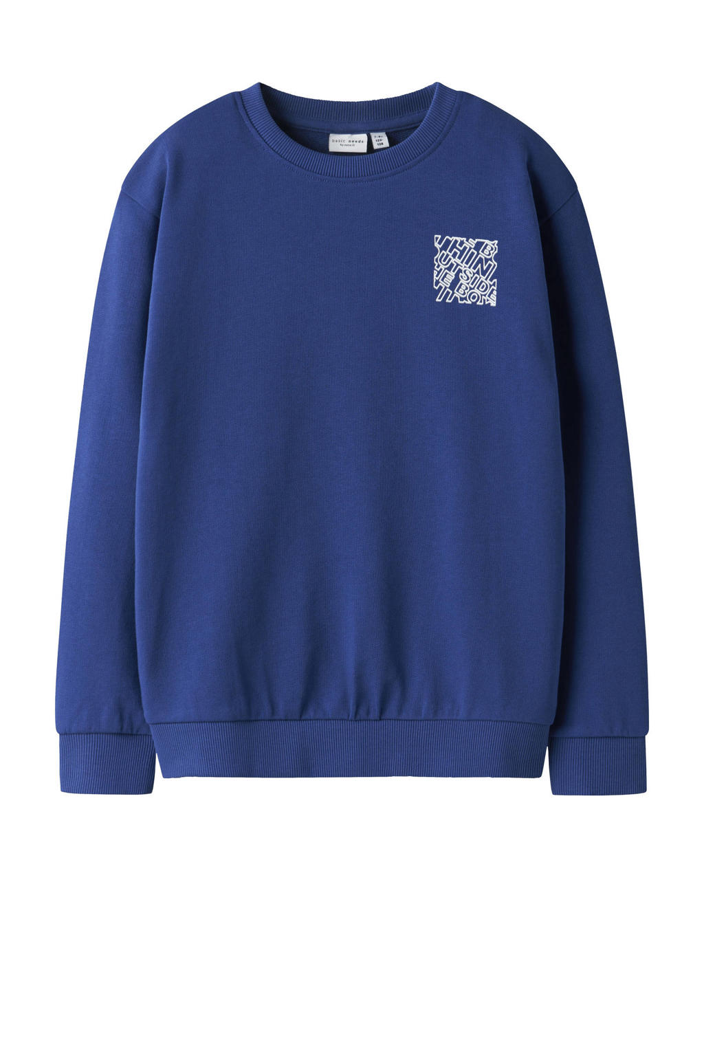 Blauwe jongens NAME IT KIDS sweater met backprint, lange mouwen, ronde hals en geribde boorden