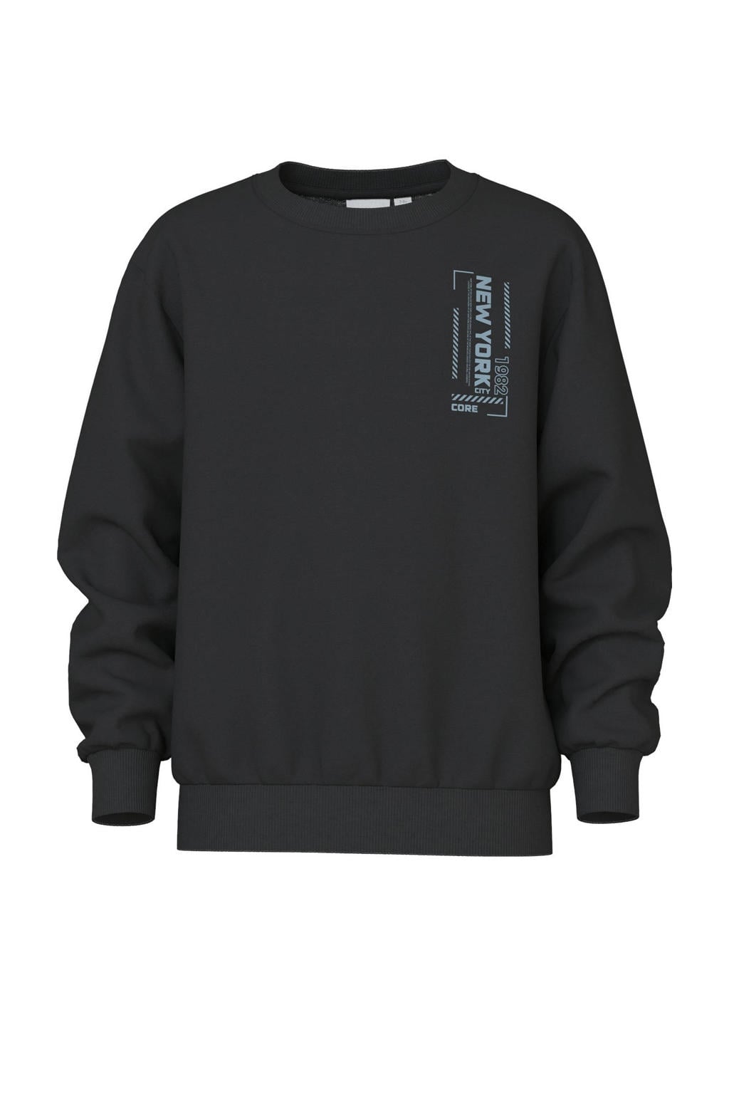 Zwarte jongens NAME IT KIDS sweater met backprint, lange mouwen, ronde hals en geribde boorden