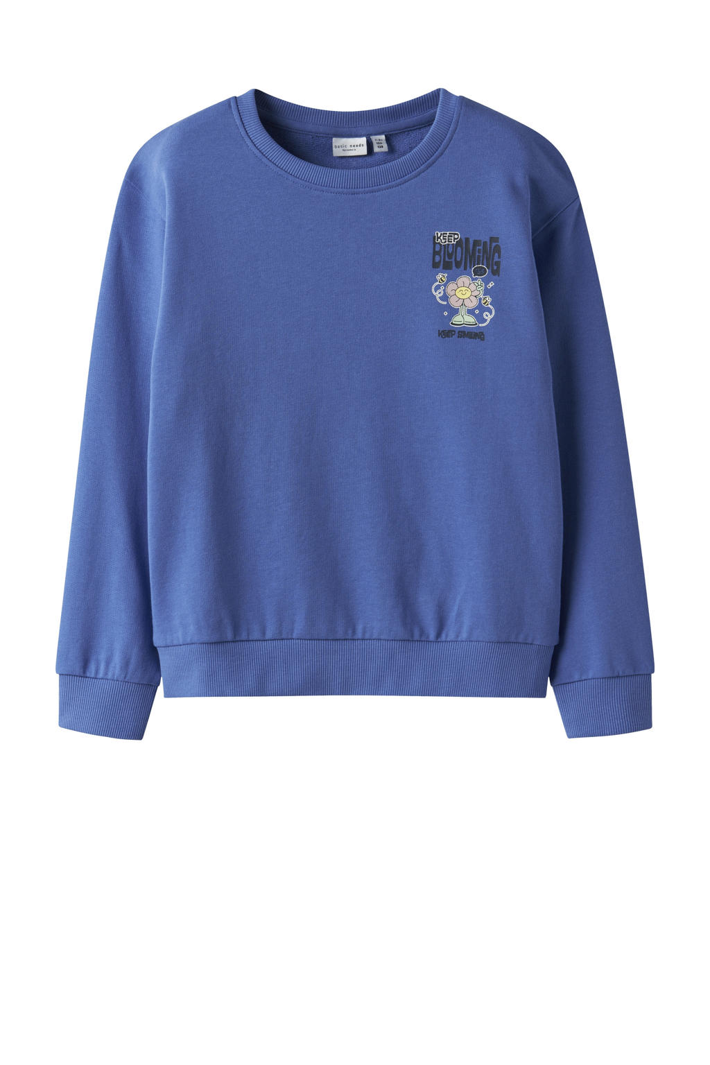 Blauwe meisjes NAME IT KIDS sweater met backprint, lange mouwen, ronde hals en geribde boorden