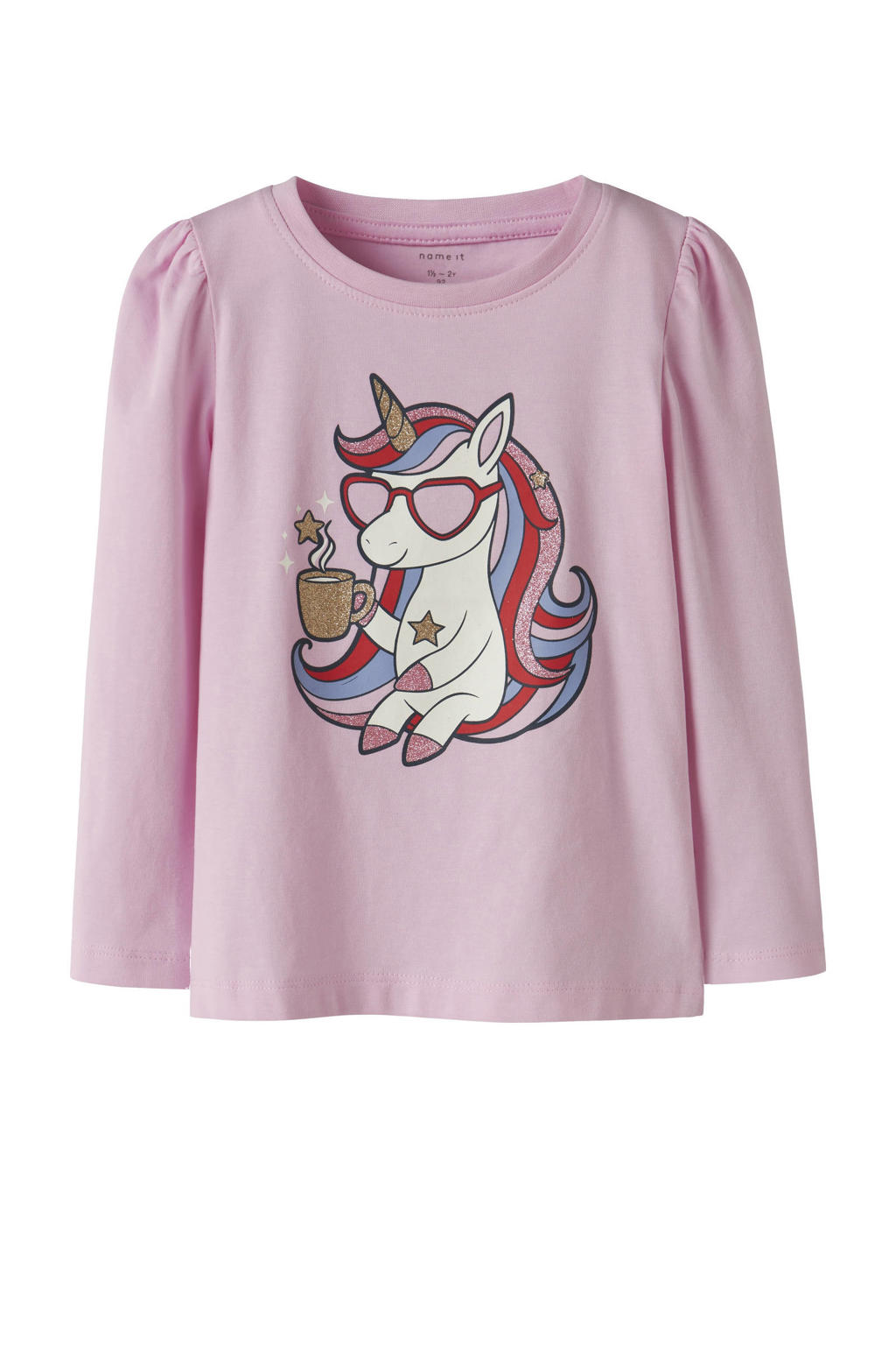 Roze meisjes NAME IT MINI longsleeve van stretchkatoen met printopdruk, lange mouwen en ronde hals